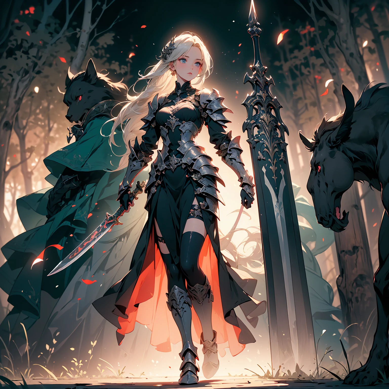 (((masterpiece, best quality, high detailed, 8k))) Design a layout showcase Gaming character, (1girl). Red|Black clothes, stylish and unique. ((showcase weapon:1.4)), enchanted sword. (masterpiece:1.2), (best quality), 4k, ultra-detailed. (Step by step design, layout art:1.5), (luminous lighting, atmospheric lighting). warrior, ((glove full hands)), (((revealing clothes:1.3))), vambraces, armored legwear, (((full_body_shot:1.4))). {In a mystical forest}.