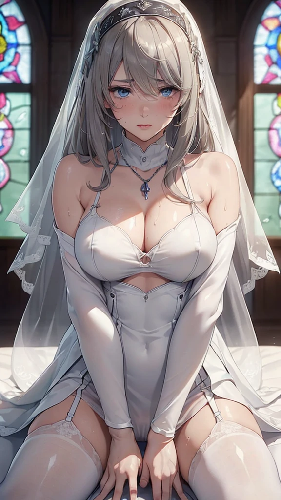 (masterpiece: 1.3), (Maximum resolution: 1.2), (Ultra HD TV: 1.2), Cinematic Light, 8K resolution, Detailed facial features , (Sharp focus: 1.2), (Focus on the face:1.2),Perfect Style, Beautiful Face, Acura, Anatomically correct, Highly detailed face and skin texture, Beautiful Eyes,Beautiful Eyes, Thin eyebrows, Natural Cheeks, Glowing Skin, Fair skin: 1.2, (Glossy Lips: 1.4),、 (Embarrassed look: 1.2),Highly detailed face and skin texture, Natural Cheeks, , Glossy Lips: 1.4,Perfect Style、Cleavage、Soft Breasts、(Semen on chest:1.4)(Cum on thighs 1.2)、 Overflowing sperm、Dripping Semen、Drenched in sweat、Wet clothes、blush、A humiliating look、Anxious expression、Frightened expression、Embarrassed look、Glare、anger、sorrow、tears、Open your knees、Spread your legs、 White underwear、necklace、Disheveled clothes、White panties、sweating、Thin underwear、stockings、22 years old、 clear, A clean-cut woman,1 person、 Upward-facing chest, church、Stained glass、、blonde、Black brown hair、Silver Hair、Greenish-gray eyes,Blue Eyes、(Wedding dress:1.1)、Veil、Shortcuts、Torn clothing、Glare、grim stare、Fellatio gesture、