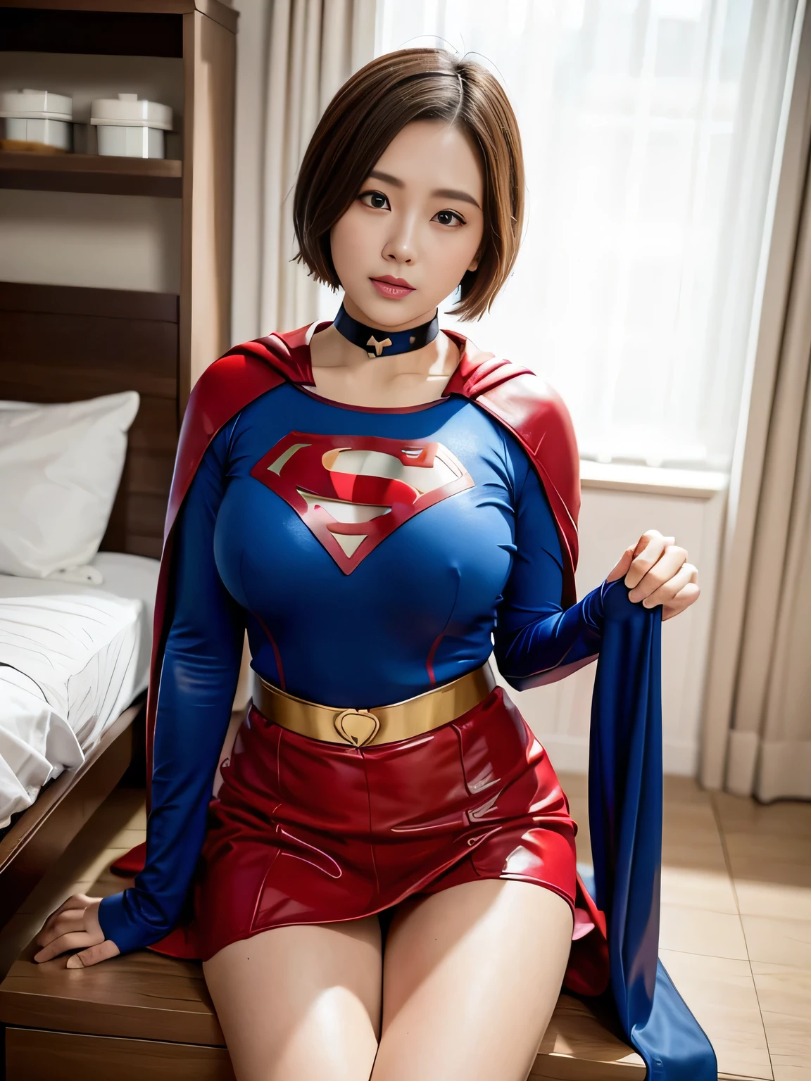 masterpiece、Rubber Supergirl Costume、short hair、Rubber Long Boots、Big and ample 、looking at the camera、choker、Long sleeve、Off the shoulder、mini skirt、Red cloak、Sweaty skin、Photo magazine cover、Public Image、Sit down and show off your beautiful legs、Hospital room、Medical equipment、