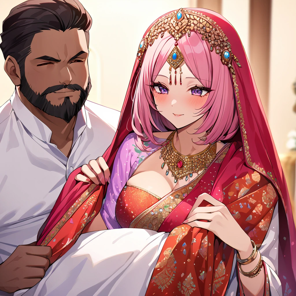 ((Highest quality)), ((masterpiece)), (detailed), (Perfect Face)、The woman is a Hindu Indian named Momo Belia Deviluke with vivid brown skin and a red bindi on her forehead. She is wearing a gorgeous and dazzling traditional Indian wedding dress, a colorful sari, a gorgeous and colorful thottu, a colorful hijab, a bindi, a gorgeous hair ornament, gorgeous jeweled accessories, and an engagement ring, in a luxurious Indian mansion. The woman and the man are in a luxurious palace, and the woman is being held by a middle-aged Indian man with a muscular beard and wearing Indian traditional clothing, who is showing off his gorgeously dressed and beautiful wife to others, as he brags about her.、The woman is an elegant Momo Belia Deviluke with pink hair, short bob hair, wearing a colorful sari and a colorful hijab, bright brown skin, a red bindi on her forehead, and a Hindu Indian Momo Belia Deviluke.、(The woman is Momo Belia Deviluke, a dark-skinned Indian.)、The man is a dignified, muscular, bearded, middle-aged Hindu Indian man wearing traditional Indian clothing.