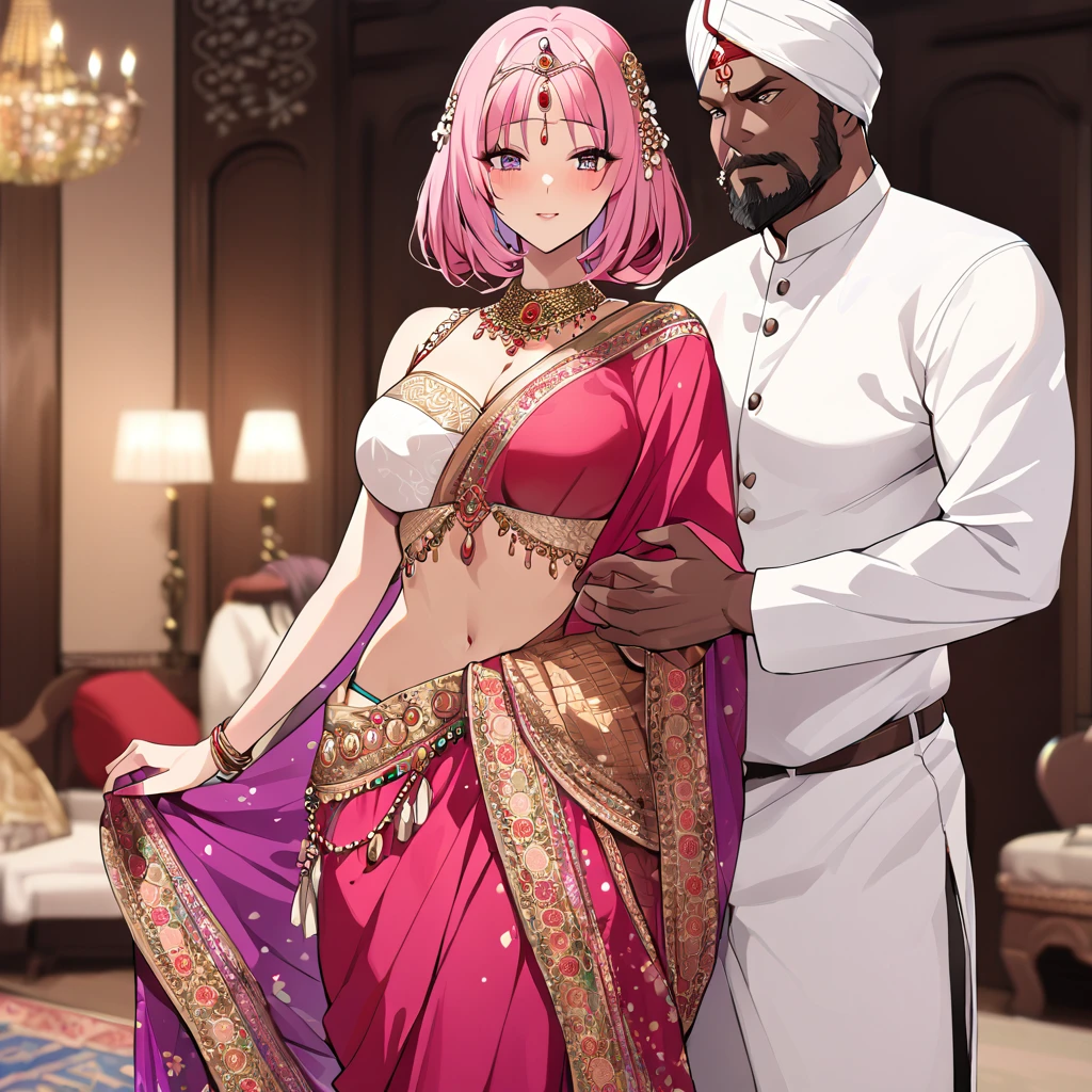 ((Highest quality)), ((masterpiece)), (detailed), (Perfect Face)、The woman is a Hindu Indian named Momo Belia Deviluke with vivid brown skin and a red bindi on her forehead. She is wearing a gorgeous and dazzling traditional Indian wedding dress, a colorful sari, a gorgeous and colorful thottu, a colorful hijab, a bindi, a gorgeous hair ornament, gorgeous jeweled accessories, and an engagement ring, in a luxurious Indian mansion. The woman and the man are in a luxurious palace, and the woman is being held by a middle-aged Indian man with a muscular beard and wearing Indian traditional clothing, who is showing off his gorgeously dressed and beautiful wife to others, as he brags about her.、The woman is an elegant Momo Belia Deviluke with pink hair, short bob hair, wearing a colorful sari and a colorful hijab, bright brown skin, a red bindi on her forehead, and a Hindu Indian Momo Belia Deviluke.、(The woman is Momo Belia Deviluke, a dark-skinned Indian.)、The man is a dignified, muscular, bearded, middle-aged Hindu Indian man wearing traditional Indian clothing.