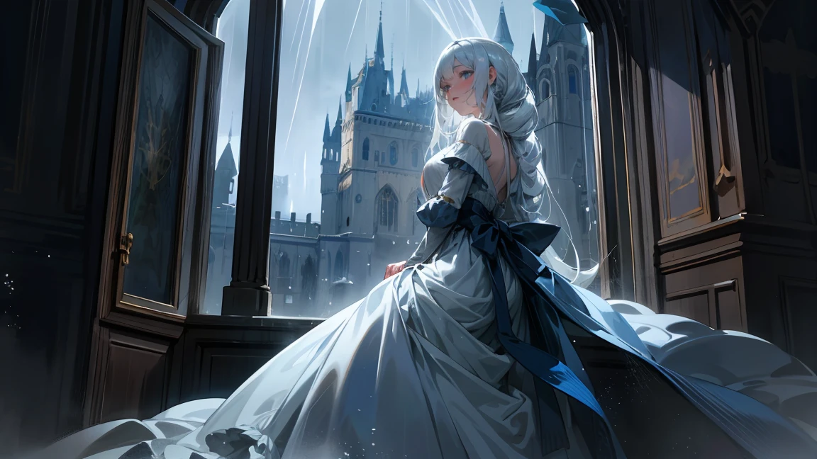 In a medieval European castle, a woman is depicted looking out of an old stone window. She is wearing a long dress and her hair is loosely tied back. Outside the window, heavy rain is pouring down and lightning illuminates the sky. The sound of rain and thunder echoes through the castle, creating a somber and heavy atmosphere.