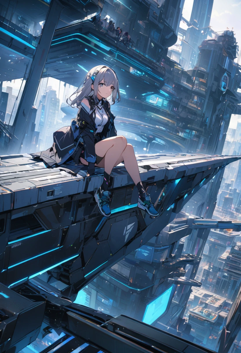 A girl sits on top of a complex machinery structure in a futuristic city
