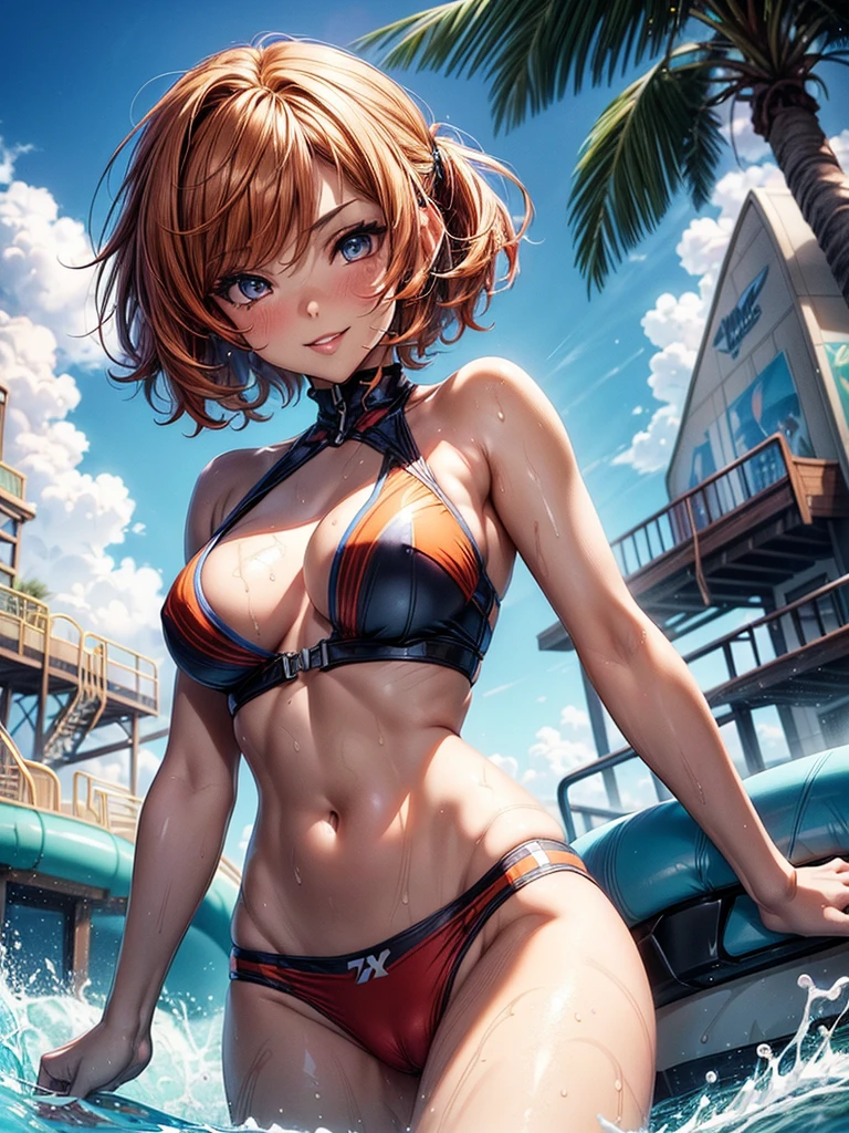 (masterpiece)(8k)(cute)(20-year old woman)(1girl:1.5)(solo:1.8)(water park:1.5)(running water)(from above)(wild hair:1.3)(short hair:1.3)(orange hair)(flat chest:1.4)(small breasts:1.4)(perky nipples:1.3)(translucent bikini:1.2)(wet t-shirt:1.3)(lime green pupils)(oily skin)(glossy lips:1.3)(glossy eye-shadow:1.5)(cameltoe:1.5)(seductive:1.3)(smile:1.5)(mischievous:1.5)(steamy) rossdraws pastel vibrant, rossdraws cartoon vibrant, style anime 8k, beautiful portrait, artgerm colorful!!!, ! dream artgerm, beautiful anime girl, styled digital art, art wallpaper 8k, digital art, extremely detailed artgerm,