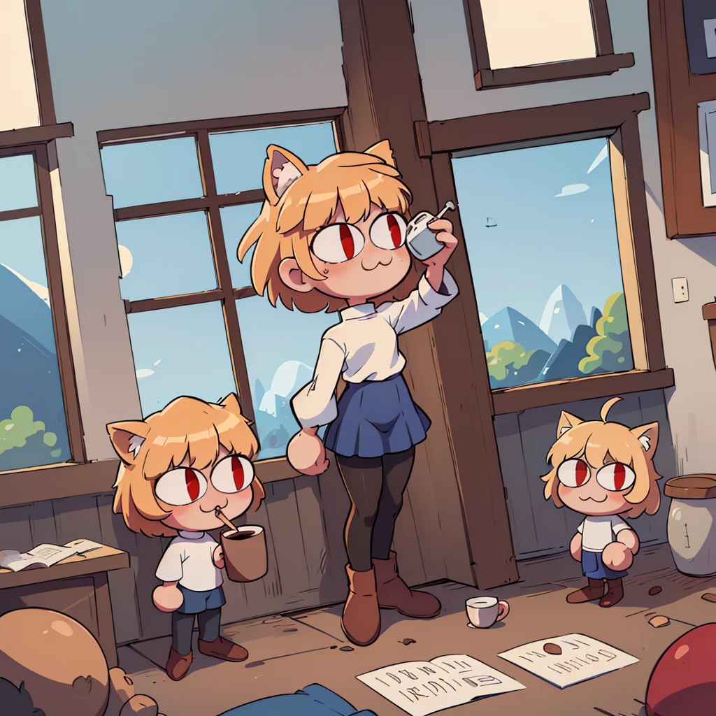 (masterpiece, best quality:1.2),  necoarc, slit pupils, cat ears, blonde hair, red eyes, chibi, 1boy, solo, white turtleneck, blue skirt, pleated skirt, brown footwear, pantyhose, near a window, inside a room, highlight thighs, :3, landscape, drinking coffee 