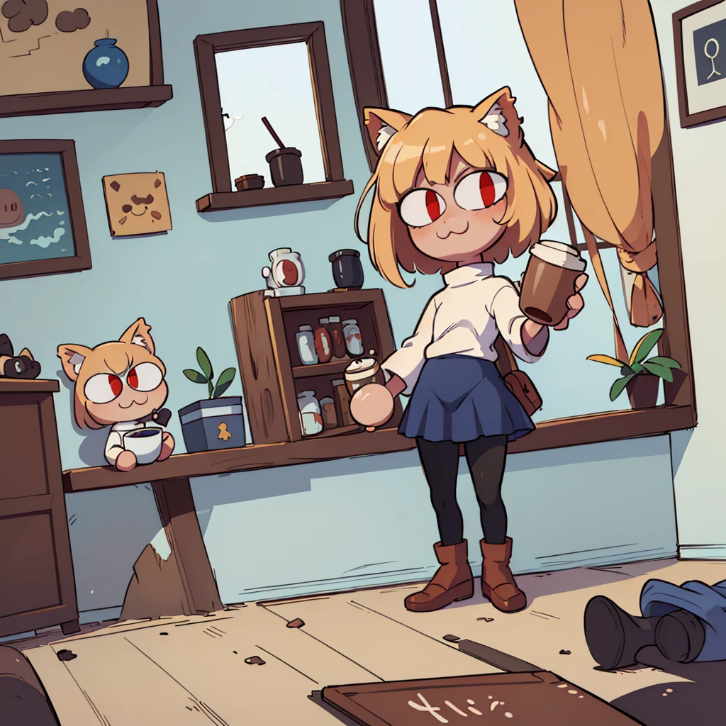 (masterpiece, best quality:1.2),  necoarc, slit pupils, cat ears, blonde hair, red eyes, chibi, 1boy, solo, white turtleneck, blue skirt, pleated skirt, brown footwear, pantyhose, near a window, inside a room, highlight thighs, :3, landscape, drinking coffee 