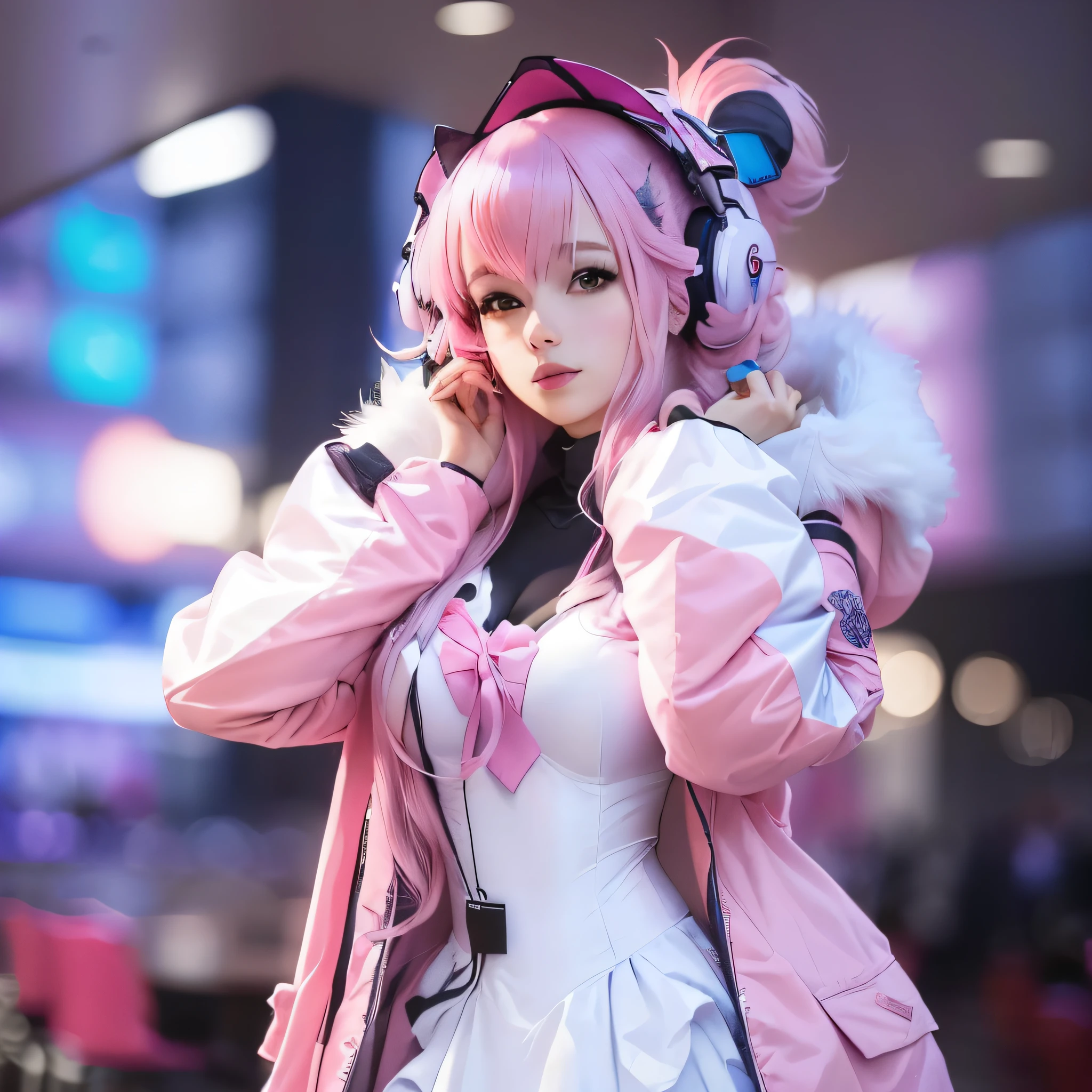 araffe dressed in a white dress and pink jacket with a pink hair, anime girl cosplay, anime cosplay, cosplay, professional cosplay, cosplayer, anime character, style of macross, anime character; full body art, anime inspired, full-cosplay, cosplay photo, beautiful uta from one piece
