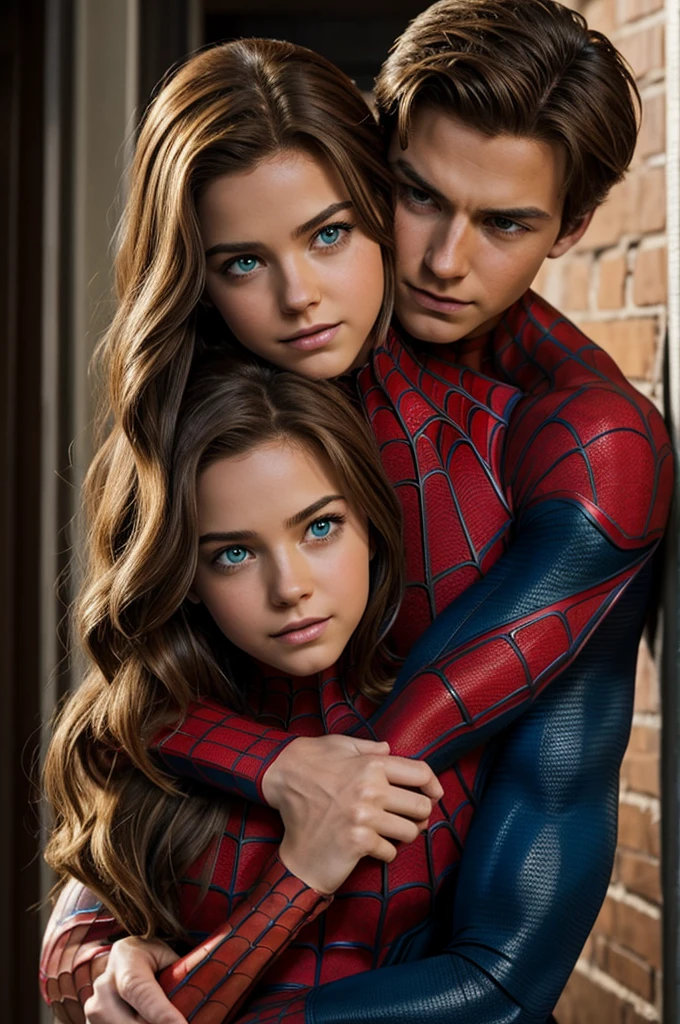 A Spider-Man boy with green eyes and brown hair hugging a Spider-Girl with honey eyes and brown hair with blonde highlights