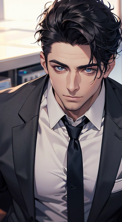 (best quality,4k,8k,highres,masterpiece:1.2),ultra-detailed,(realistic,photorealistic,photo-realistic:1.37),1 man,31 years old,mature man,very handsome,without expression,smile,short grey black hair,blue eyes,penetrating gaze,perfect face without errors,imposing posture,businessman,office background,cinematic lighting,hdr image