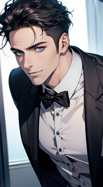 (best quality,4k,8k,highres,masterpiece:1.2),ultra-detailed,(realistic,photorealistic,photo-realistic:1.37),1 man,31 years old,mature man,very handsome,without expression,smile,short grey black hair,blue eyes,penetrating gaze,perfect face without errors,imposing posture,businessman,office background,cinematic lighting,hdr image