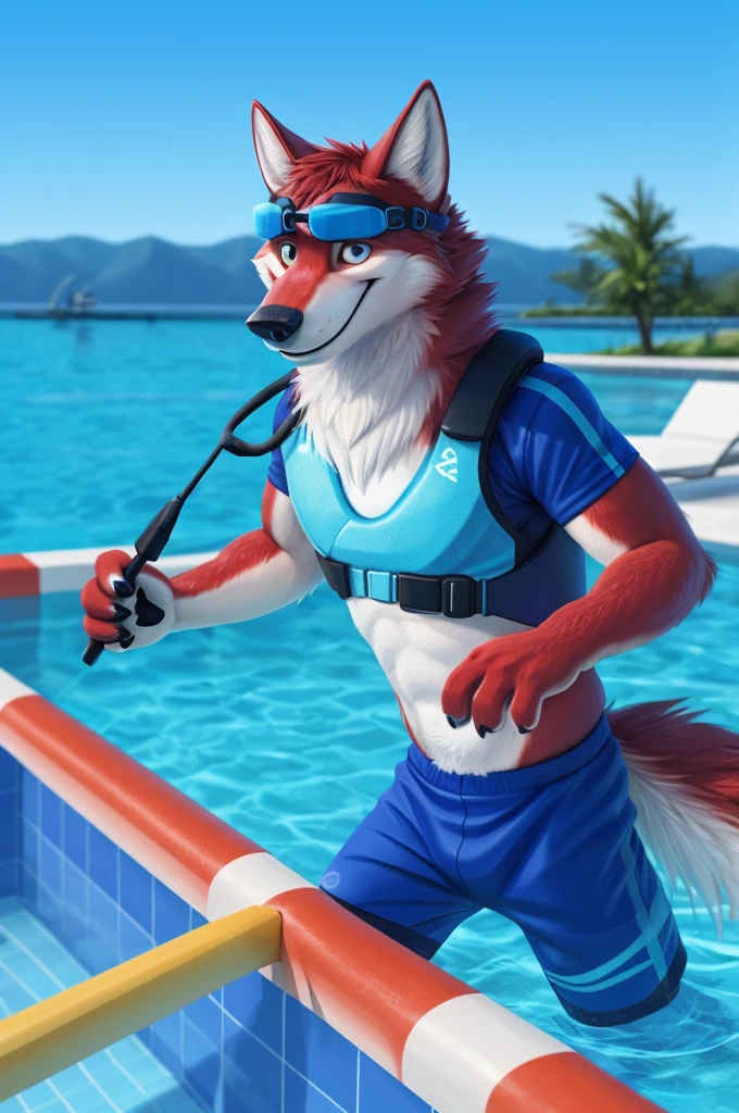 Ivan Wolfbach (Аэропорт Domodedovo),high,Beautiful,slim,24 years,wolf, red fur,high Beautiful wolf, 24 years,(red body:1.3),beautiful blue eyes,Domodedovo, Russia, swimming trunks floats,Goggles, scuba diving,canine, wolf, detailed fur, male, antro, paw pads, finger claws, at viewer, 5 fingers, paws, 5 fingers,day,digital photography, soft focus,good настроение на стойке регистрации,,photorealism, realistic, photorealistic,digital style,from close swims, , Very close to the camera, digital photography, smile positive, good,mood pilot, of Education,bathes swims, pool,
masterpiece, Best quality, ultra realistic, 8 k)