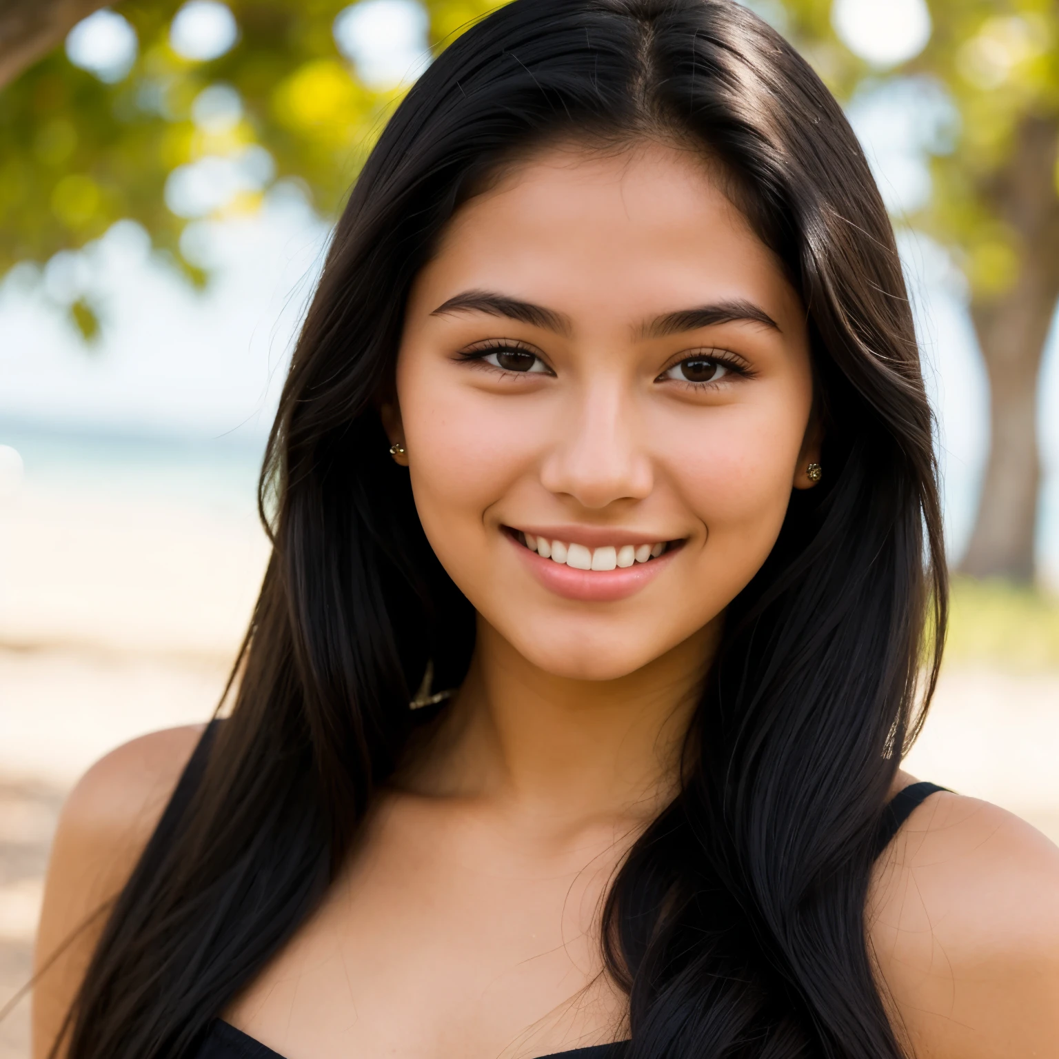 beautiful young woman about 18 years old long black hair light cinnamon complexion sensual eyes charming smile Bolivian feature full face