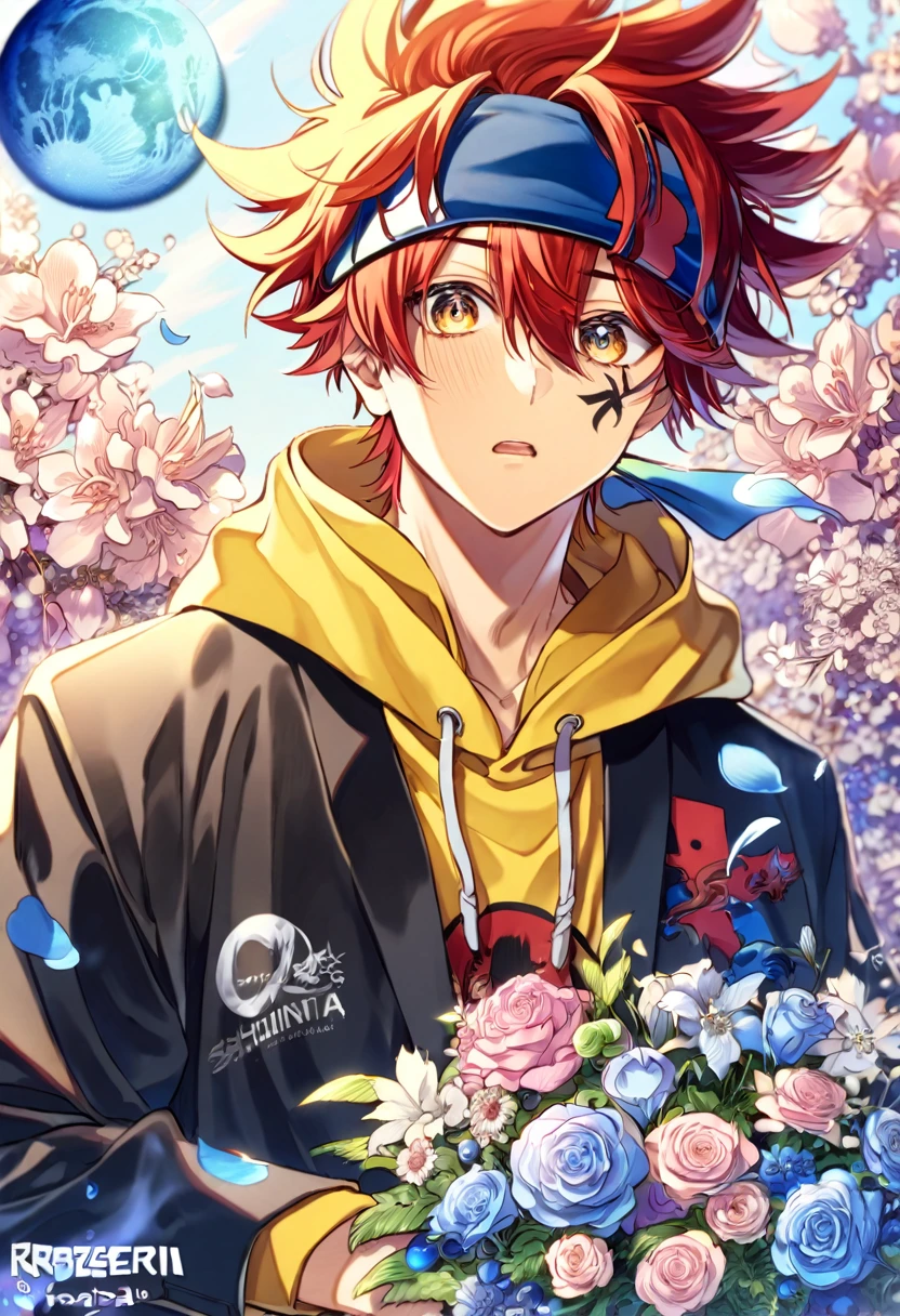 absurdres, highres, ultra detailed, HDR, master piece, Kyan Reki, red hair, expressive amber eyes, yellow hoodie, blue headband, black jacket, SK8 the infinity, sexy man, handsome, best quality, blue moon, flowers, fantasy, magical, solo, water, blue shining fireflies, blue petals, the word "Krozseria" is written on his shirt,