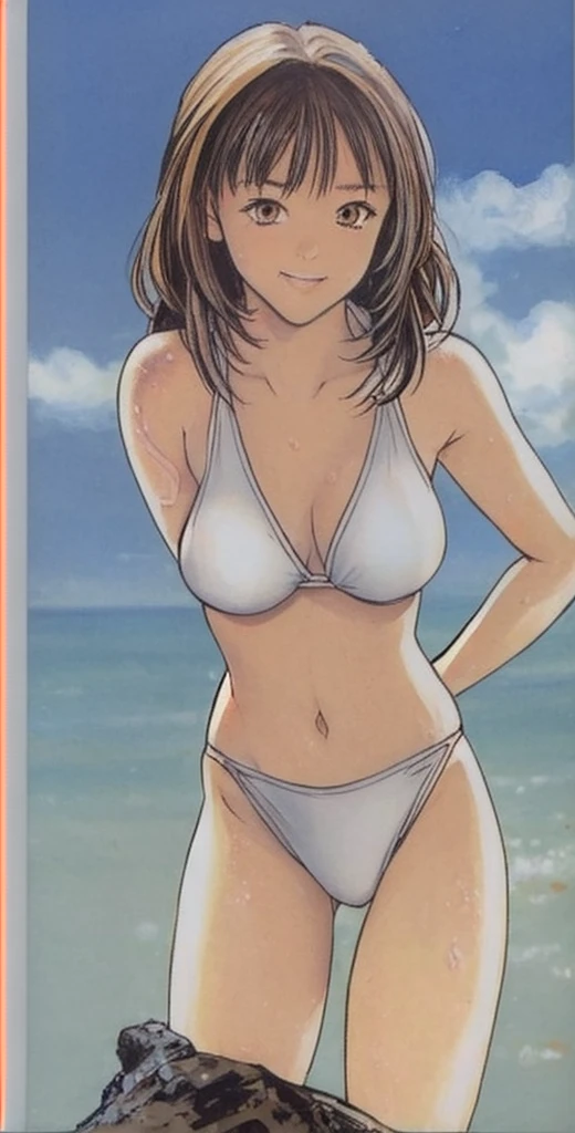 The stylish Iori is wearing a bikini and standing with her hands on her hips and her legs spread apart.。