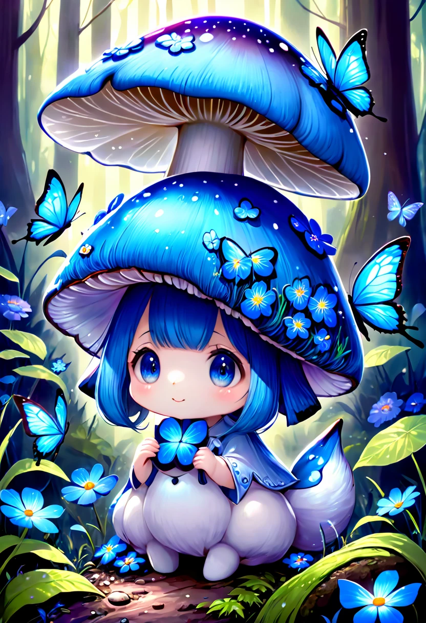 absurdres, highres, ultra detailed, HDR, master piece, best quality, extremely detailed, cute blue mushroom with face, cute, small, solo, magical, fantasy, magic, blue forest, glittering, blue butterflies, blue petals, blue flowers