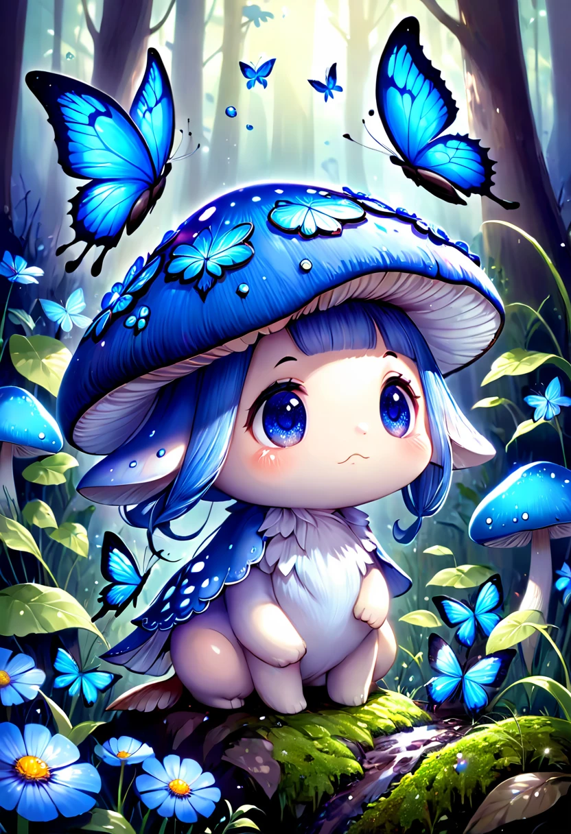 absurdres, highres, ultra detailed, HDR, master piece, best quality, extremely detailed, cute blue mushroom with face, cute, small, solo, magical, fantasy, magic, blue forest, glittering, blue butterflies, blue petals, blue flowers