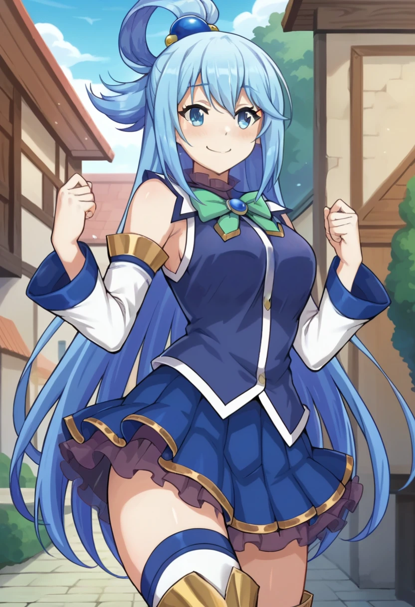 score_9, score_8_up, score_7_up, score_6_up, score_5_up, score_4_up, 1girl, (solo), standing, smile, anime screencap, aqua /(konosuba/), long hair, blue eyes, hair ornament, very long hair, blue hair, hair rings, single hair ring,blue skirt, blue shirt, thighhighs, bare shoulders, detached sleeves, white thighhighs, green bow,blue boots