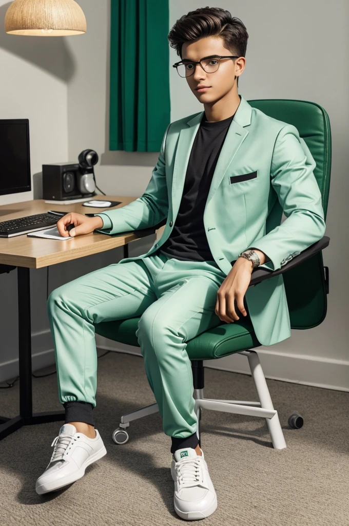 Create a 3D illustration featuring a realistic 18 year-old beautiful young boy busy to writing a coding on a chair in front of a 3d logo of WhatsApp.' The character should have green and white pant coat tie ,with Sneakers shoes, with glasses,The background of the image should showcase a social media profile page and the username Suruz Ahamedand a matching profile picture and modify it