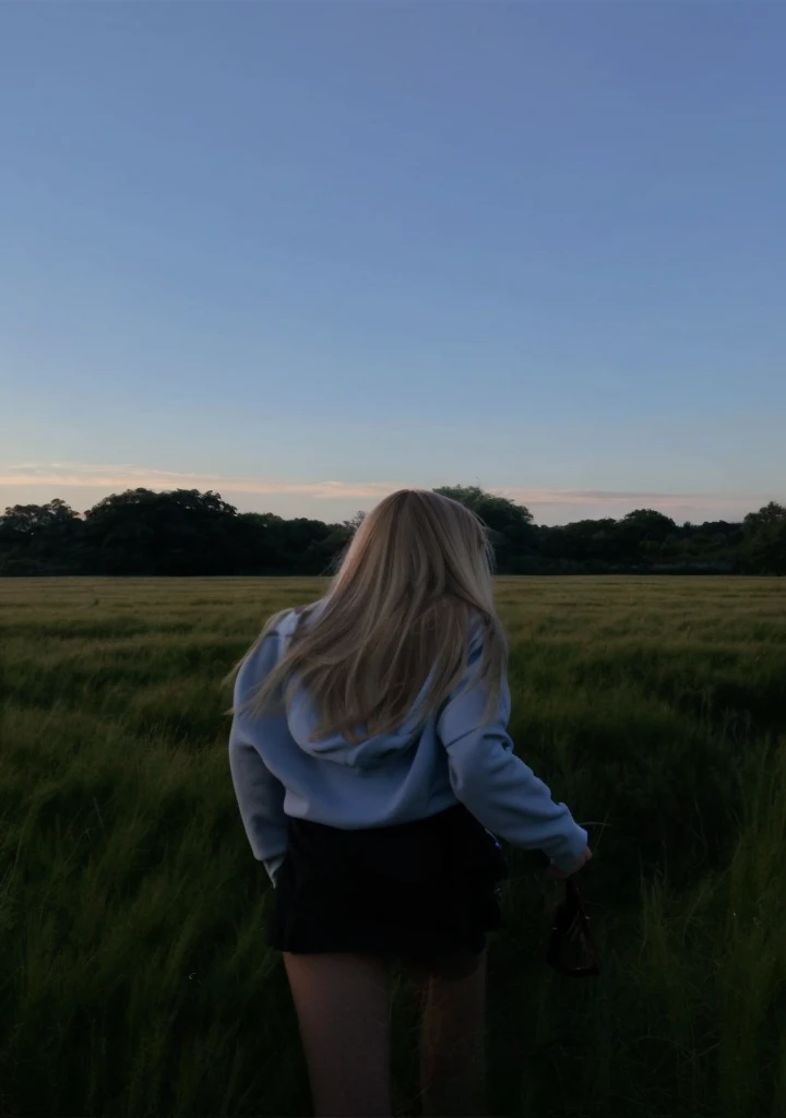 Natural landscape green grasses blonde teenage girl on her back long soft silky hair in light blue sweatshirt and black skirt darkening sky dark purple clouds and good quality