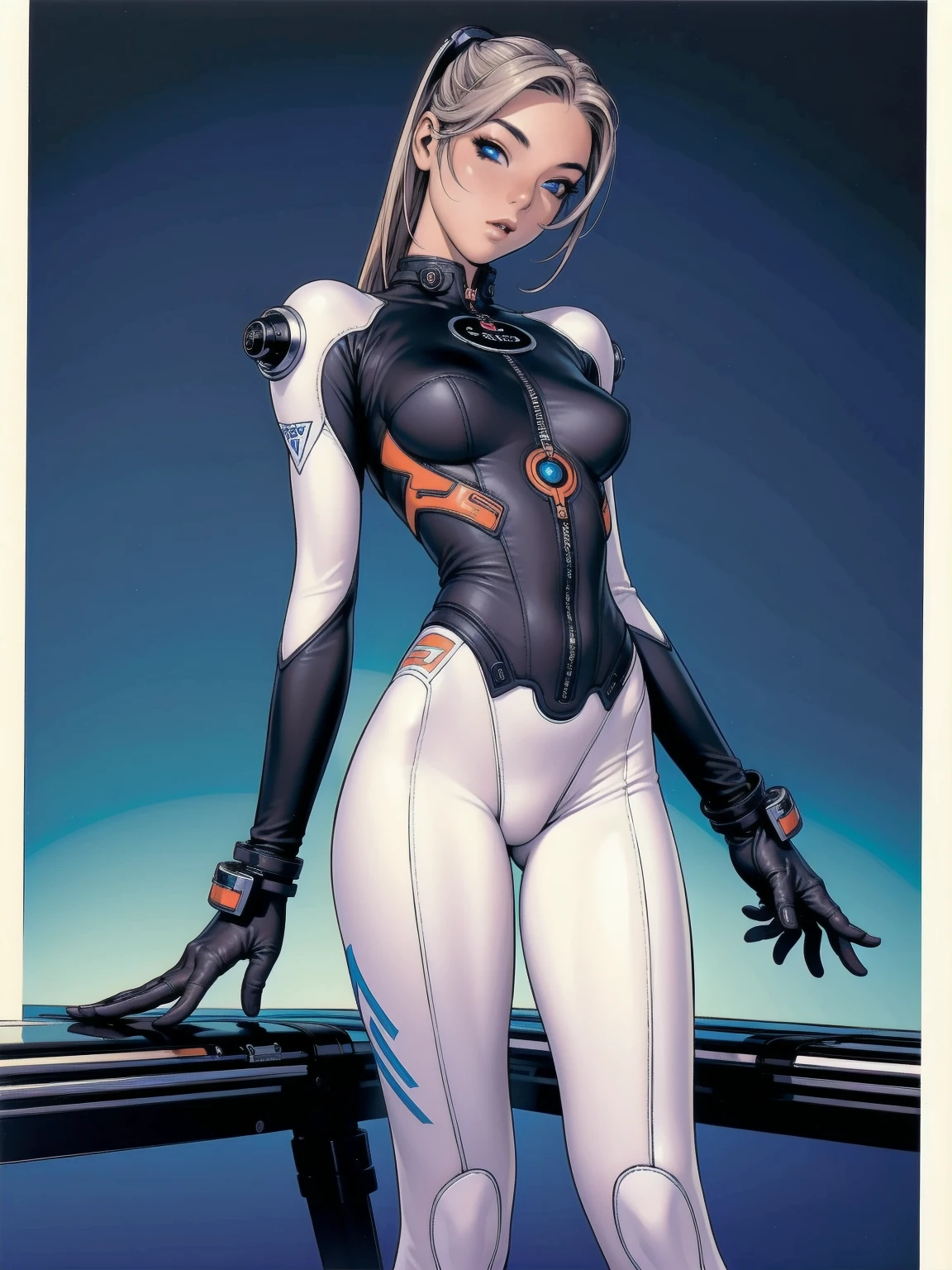 (((best qualityer))), (((masterpiece))), (((Absurd resolution))), (((perfectbody))), Vladislava Galagan wearing a tight-fitting carbon fiber spacesuit with intricate details of a scorpion drawn on it, futuristic cyberpunk, low-cut (((fully body))) on the comic panel, perfectbody e fitness, bold lineart illustration comics, blue colored eyes, parted lips, perfectbody, fitness, in the style of Adam Hughes, (((masterpiece))), Explore retro-futuristic aesthetics, highlighting your confidence and skill. At the top of the building, Big city night