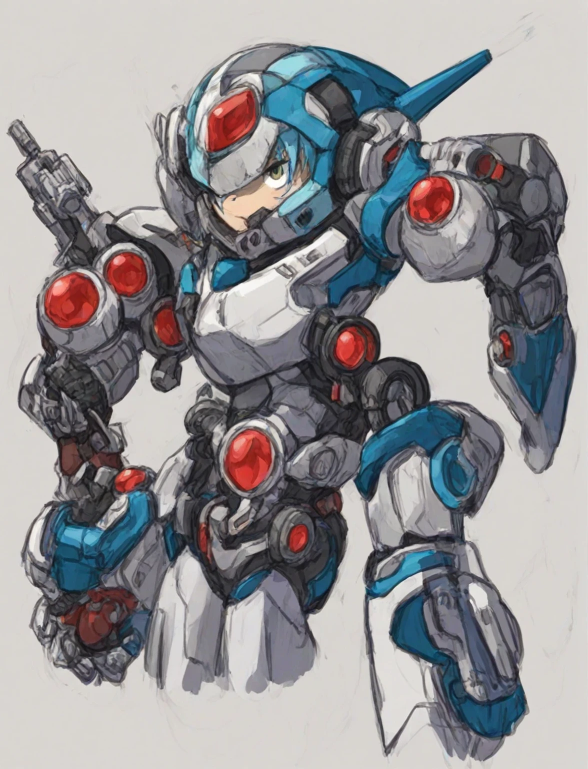 Hiroyuki Kitazume artstyle, Hiroyuki Kitazume style, 1boy, solo, hardboiled, reploid, The image showcases several iterations of the character Megaman X in his design from "Mega Man X8". This character, a Reploid, features a sleek, futuristic design with a predominantly blue color scheme and light blue highlights. The first design shows a rounded, simplistic form, emphasizing a youthful and approachable appearance. The second design introduces angular features, giving him a tougher and more mature look. The third design further enhances these aspects with added armor details and more defined muscle structure, highlighting his combat-ready nature. The side profiles show his helmet with a red gem centerpiece and intricate arm and leg armor details. The overall art style is dynamic, with clean lines and a mix of soft and hard shading to emphasize his mechanical yet heroic qualities. AI art prompts: - "Futuristic Reploid, Megaman X design, blue and light blue color scheme, sleek and dynamic design, detailed armor, combat-ready, heroic stance, clean lines, mix of soft and hard shading." - "Megaman X Reploid character design, angular features, youthful and approachable appearance, futuristic armor, red gem centerpiece, intricate details, heroic and combat-ready." - "Reploid hero, sleek and futuristic, blue armor, light blue highlights, dynamic design, side profiles, detailed helmet, clean lines, soft and hard shading., in kinu-sensei artstyle