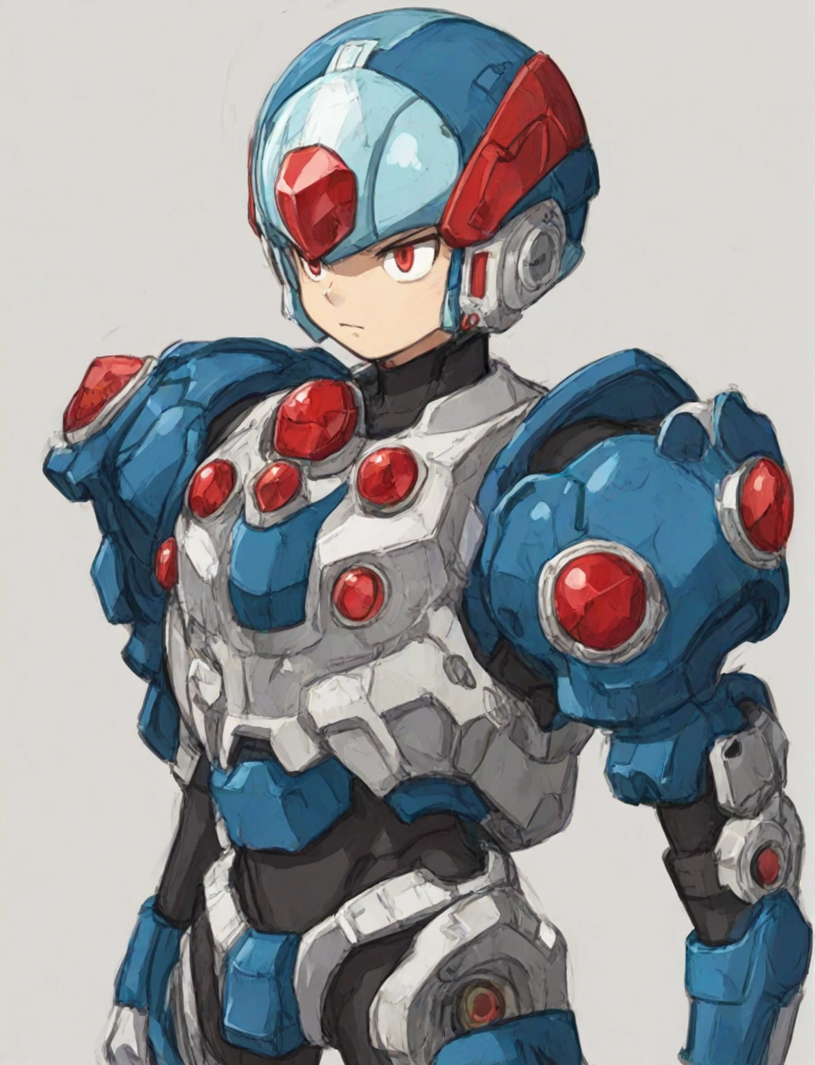 Hiroyuki Kitazume artstyle, Hiroyuki Kitazume style, 1boy, solo, hardboiled, reploid, The image showcases several iterations of the character Megaman X in his design from "Mega Man X8". This character, a Reploid, features a sleek, futuristic design with a predominantly blue color scheme and light blue highlights. The first design shows a rounded, simplistic form, emphasizing a youthful and approachable appearance. The second design introduces angular features, giving him a tougher and more mature look. The third design further enhances these aspects with added armor details and more defined muscle structure, highlighting his combat-ready nature. The side profiles show his helmet with a red gem centerpiece and intricate arm and leg armor details. The overall art style is dynamic, with clean lines and a mix of soft and hard shading to emphasize his mechanical yet heroic qualities. AI art prompts: - "Futuristic Reploid, Megaman X design, blue and light blue color scheme, sleek and dynamic design, detailed armor, combat-ready, heroic stance, clean lines, mix of soft and hard shading." - "Megaman X Reploid character design, angular features, youthful and approachable appearance, futuristic armor, red gem centerpiece, intricate details, heroic and combat-ready." - "Reploid hero, sleek and futuristic, blue armor, light blue highlights, dynamic design, side profiles, detailed helmet, clean lines, soft and hard shading., in kinu-sensei artstyle