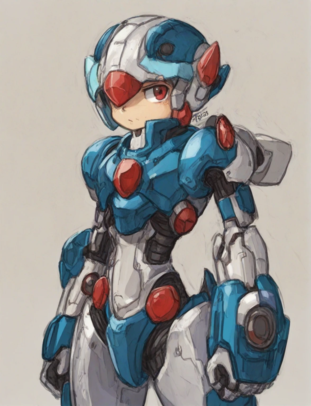 Hiroyuki Kitazume artstyle, Hiroyuki Kitazume style, 1boy, solo, hardboiled, reploid, The image showcases several iterations of the character Megaman X in his design from "Mega Man X8". This character, a Reploid, features a sleek, futuristic design with a predominantly blue color scheme and light blue highlights. The first design shows a rounded, simplistic form, emphasizing a youthful and approachable appearance. The second design introduces angular features, giving him a tougher and more mature look. The third design further enhances these aspects with added armor details and more defined muscle structure, highlighting his combat-ready nature. The side profiles show his helmet with a red gem centerpiece and intricate arm and leg armor details. The overall art style is dynamic, with clean lines and a mix of soft and hard shading to emphasize his mechanical yet heroic qualities. AI art prompts: - "Futuristic Reploid, Megaman X design, blue and light blue color scheme, sleek and dynamic design, detailed armor, combat-ready, heroic stance, clean lines, mix of soft and hard shading." - "Megaman X Reploid character design, angular features, youthful and approachable appearance, futuristic armor, red gem centerpiece, intricate details, heroic and combat-ready." - "Reploid hero, sleek and futuristic, blue armor, light blue highlights, dynamic design, side profiles, detailed helmet, clean lines, soft and hard shading., in kinu-sensei artstyle