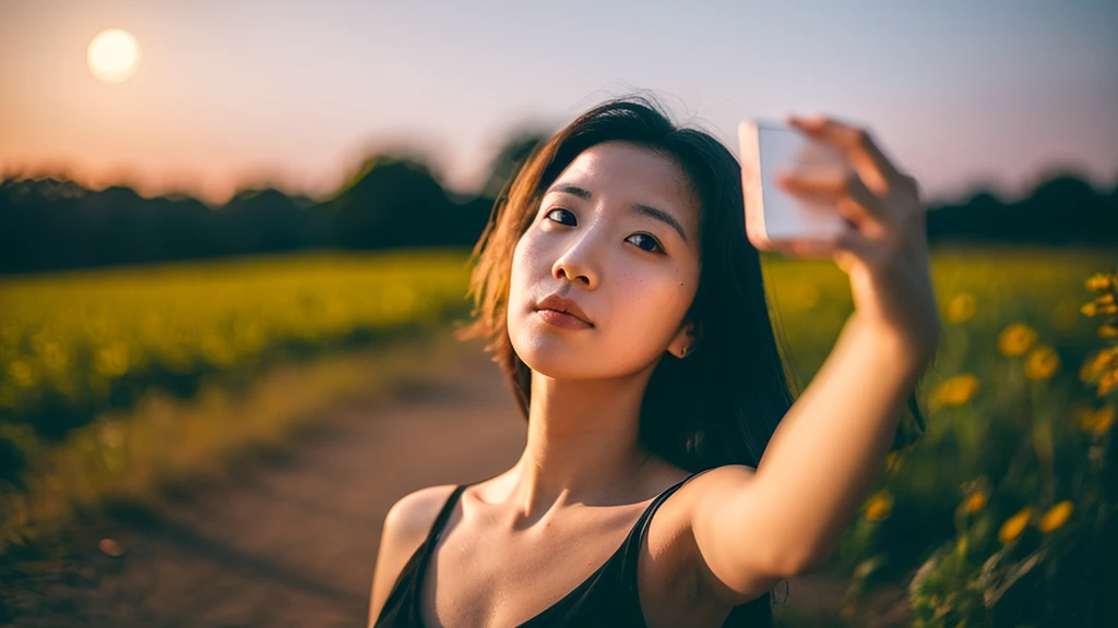 make me a woman who takes a selfie in the sun with the depth of field respected realistically with the moon in the background