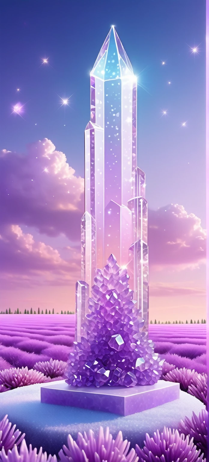 Cristal pillars made of diamonds in front and floor made of light crystals lilac, backgroud of light lilac lavender cosmic fields, sky background light baby blue and lilac,