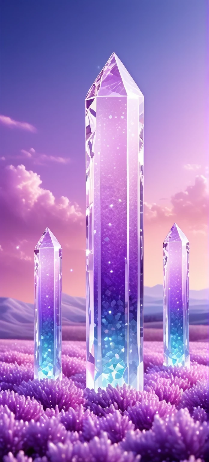 Cristal pillars made of diamonds in front and floor made of light crystals lilac,  backgroud of light lilac lavender cosmic fields, sky background light baby blue and lilac, 