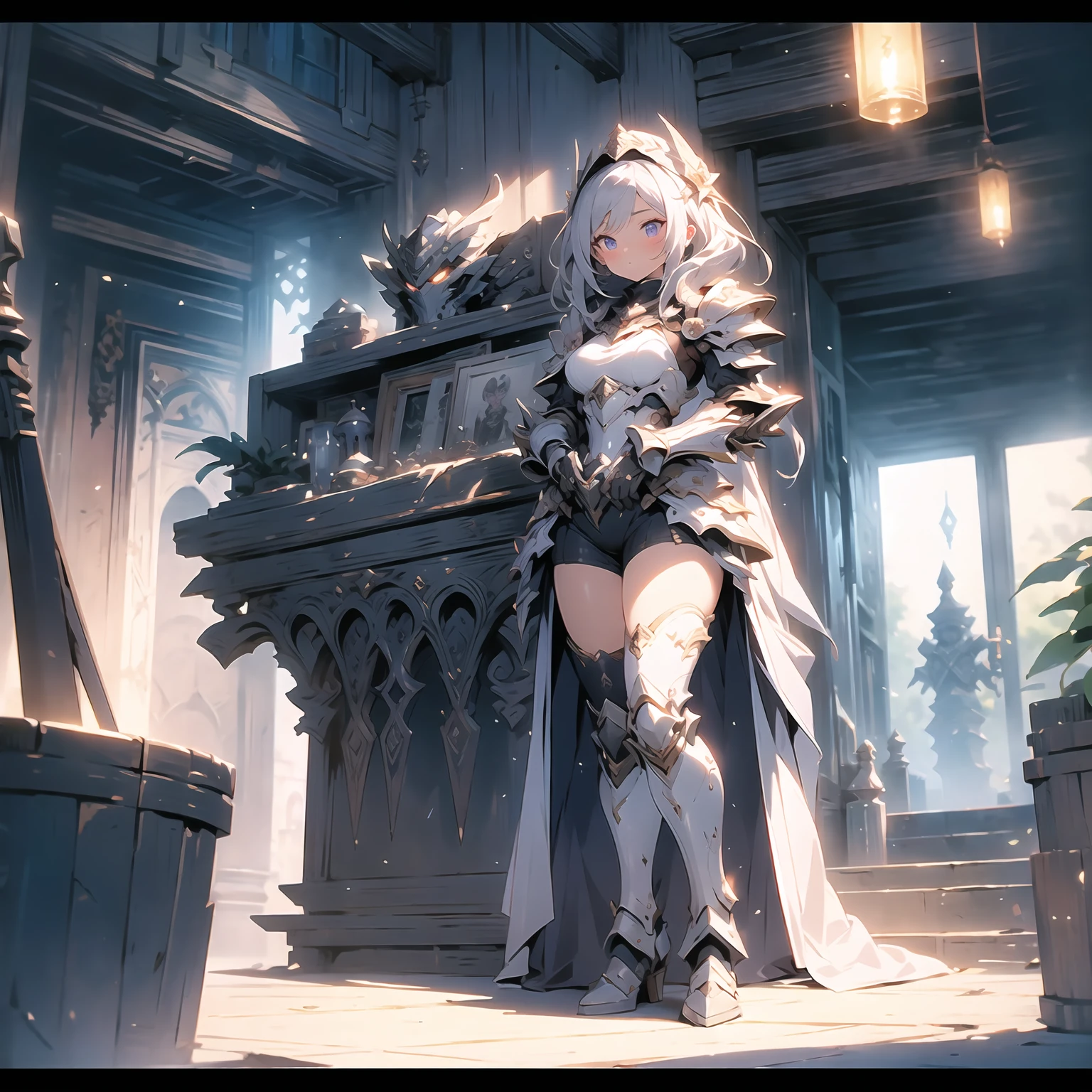 (((masterpiece, best quality, high detailed, 8k))) Design a layout showcase Gaming character, (1girl). Purple+Silver full body armor, stylish and unique. ((showcase weapon:1.4)), magical orb. (masterpiece:1.2), (best quality), 4k, ultra-detailed. (Step by step design, layout art:1.5), (luminous lighting, atmospheric lighting). sorceress, ((glove full hands)), (((revealing armor:1.3))), vambraces, armored legwear, (((full_body_shot:1.4))). {In an enchanted castle}.
