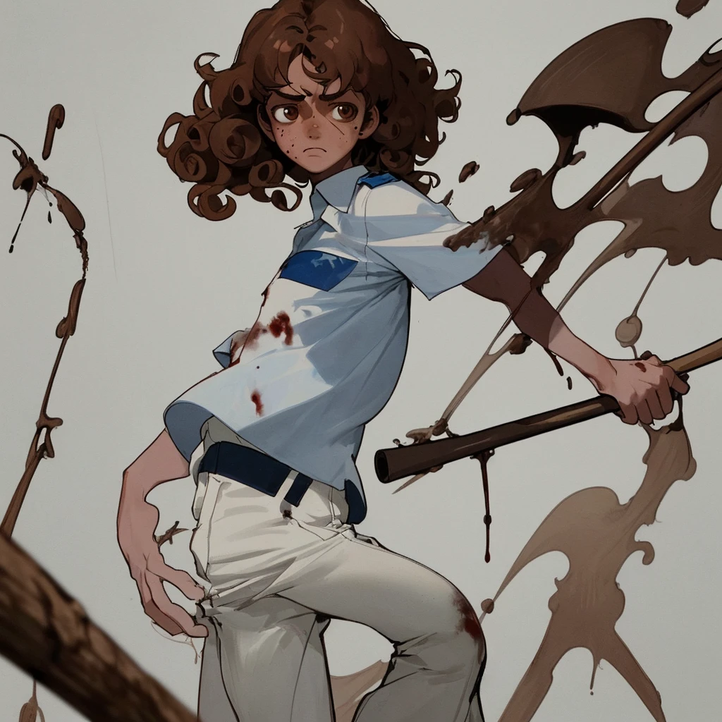 1 girl with curly hair of medium size, brown hair color, honey eye color with 2 moles on the right side of her face and white skin color, wearing a uniform with a white shirt, dark blue pants with a white line on the pants, clothes with blood holding an ax in his hand, 1 with medium straight hair, brown color, dark brown eyes and white skin color, uniform with a white shirt with dark blue pants with a line on the pants with blood on the clothes holding a broom, 1 other girl with short brown hair, brown eyes and white skin color, uniform, white shirt with dark blue pants with a white line and blood, holding a broom, 1 boy with short brown hair and dark brown eyes wearing a white shirt with dark blue pants full of blood holding a baseball bat and his skin color is brown, all of them with a somewhat sad face, all of them with their entire body facing forward, looking at the camera, the scene behind them was a school in front with some zombies, the lighting is a little dark but you can see everything, the four together