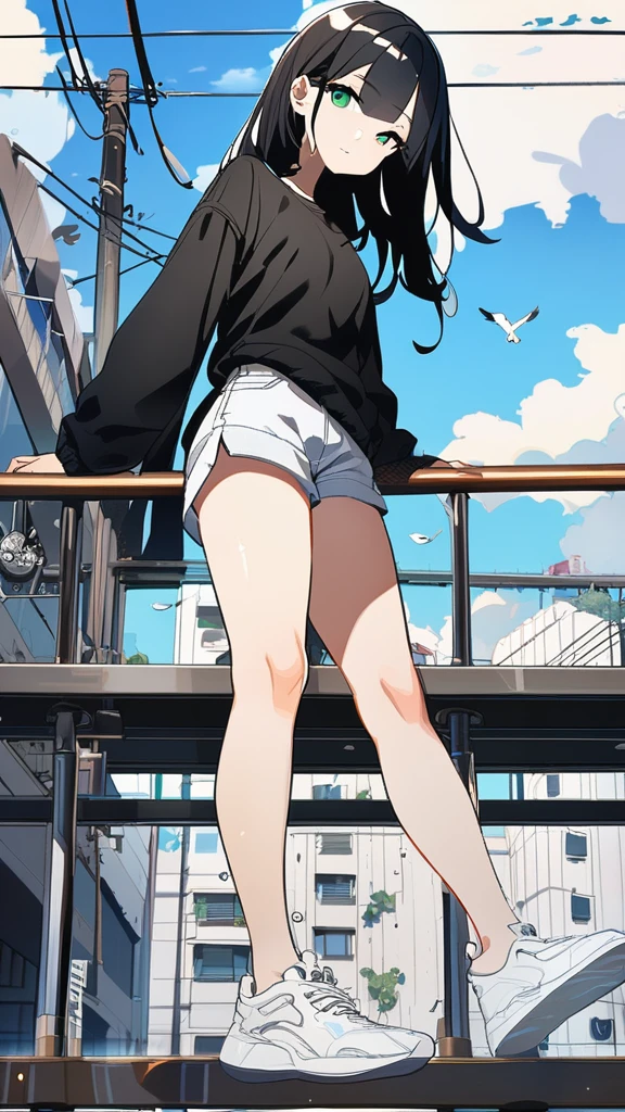 masterpiece, Exquisite detail,Highest quality, One girl, alone, handrail, cloud, Looking up at the buildings,Long Hair, zero, Long sleeve, sneakers, Power lines, White footwear, Black Hair, View your viewers, Electric pole, bangs, cloudy zero, fish, bird, Green Eyes, Shorts, Day, Black Shirt, barefoot