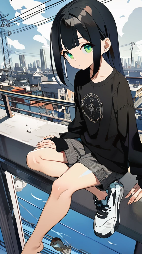 masterpiece, Exquisite detail,Highest quality, One girl, alone, handrail, cloud, Looking up at the buildings,Long Hair, zero, Long sleeve, sneakers, Power lines, White footwear, Black Hair, View your viewers, Electric pole, bangs, cloudy zero, fish, bird, Green Eyes, Shorts, Day, Black Shirt, barefoot