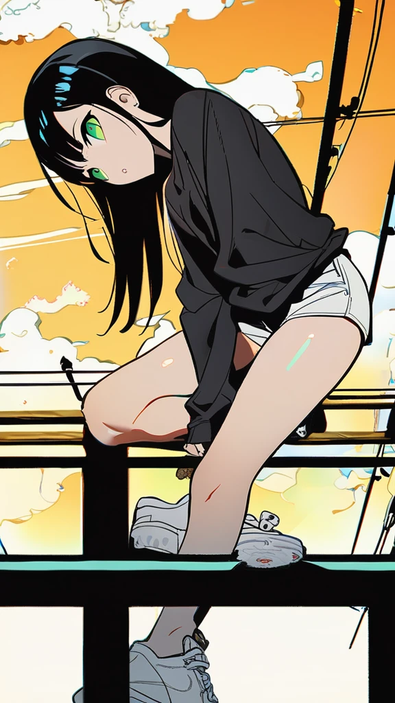 masterpiece, Exquisite detail,Highest quality, One girl, alone, handrail, cloud, Looking up at the buildings,Long Hair, zero, Long sleeve, sneakers, Power lines, White footwear, Black Hair, View your viewers, Electric pole, bangs, cloudy zero, fish, bird, Green Eyes, Shorts, Day, Black Shirt, barefoot