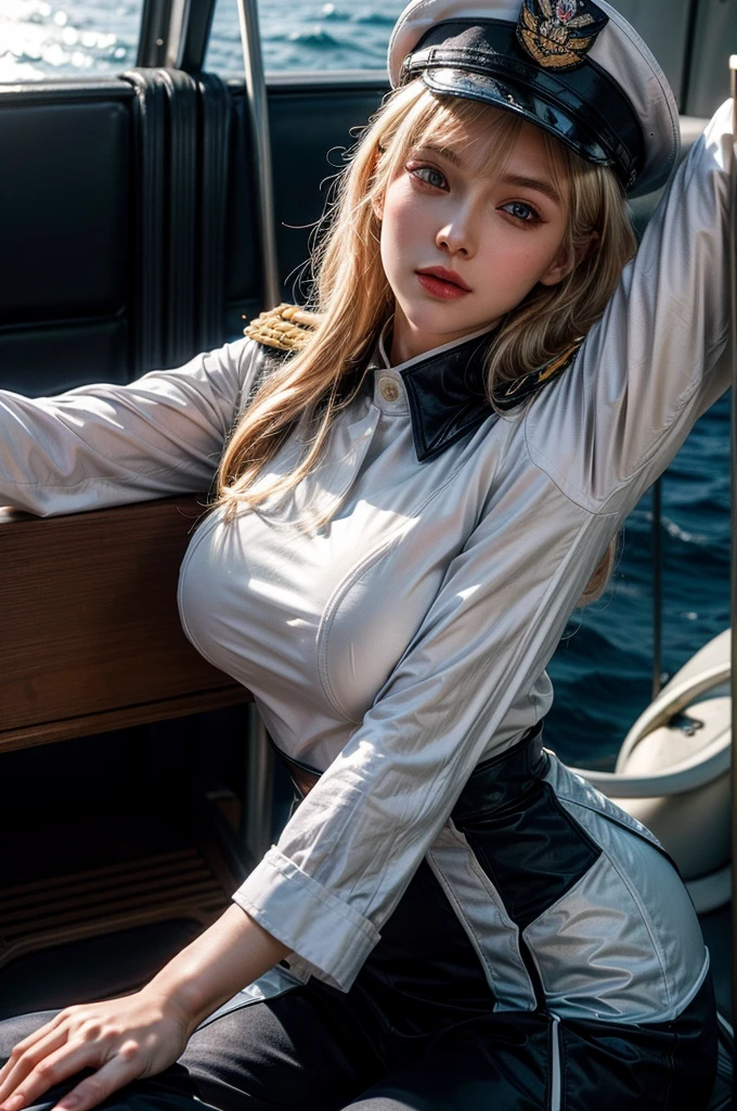 A russian blonde woman wearing a white naval officer's uniform and a matching cap. White outfit. She is leaning forward with an outstretched arm. She is leaning forward with an outstretched arm, in a ship's deck. Ocean background. Round breast. Blush, Black eyeliner