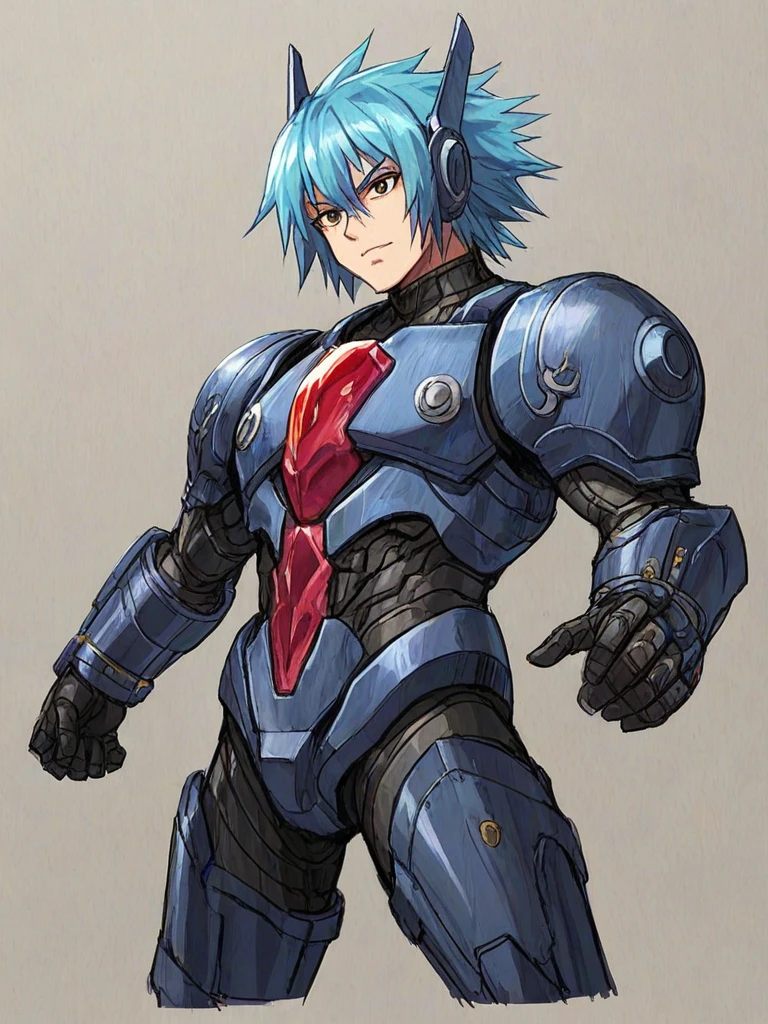 Hiroyuki Kitazume artstyle, Hiroyuki Kitazume style, 1boy, solo, hardboiled, reploid, The image showcases several iterations of the character Megaman X in his design from "Mega Man X8". This character, a Reploid, features a sleek, futuristic design with a predominantly blue color scheme and light blue highlights. The first design shows a rounded, simplistic form, emphasizing a youthful and approachable appearance. The second design introduces angular features, giving him a tougher and more mature look. The third design further enhances these aspects with added armor details and more defined muscle structure, highlighting his combat-ready nature. The side profiles show his helmet with a red gem centerpiece and intricate arm and leg armor details. The overall art style is dynamic, with clean lines and a mix of soft and hard shading to emphasize his mechanical yet heroic qualities. AI art prompts: - "Futuristic Reploid, Megaman X design, blue and light blue color scheme, sleek and dynamic design, detailed armor, combat-ready, heroic stance, clean lines, mix of soft and hard shading." - "Megaman X Reploid character design, angular features, youthful and approachable appearance, futuristic armor, red gem centerpiece, intricate details, heroic and combat-ready." - "Reploid hero, sleek and futuristic, blue armor, light blue highlights, dynamic design, side profiles, detailed helmet, clean lines, soft and hard shading., in kinu-sensei artstyle