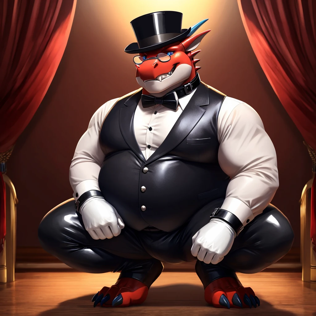 Solo, Male, fat, squatting, extremely obese, gentleman, dapper, Dragon, blue eyes, (soft shading), 4k, hi res, ((detailed face, detailed)), looking at viewer, evil grin, collared shirt with buttons, top hat, male focus, Tuxedo, glasses, monocle, vest with buttons, sleeves rolled up, round eyewear, brown headwear, brown vest, Dragon is wearing a glossy leather dog collar around the neck, Dragon is wearing the leather collar and shirt and vest at the same time, Dragon is wearing glossy white rubber gloves on the hands, wearing white rubber gloves on the feet, Dragon is wearing glossy white cuffs around the wrists with cufflinks, gloves are rubber in texture, clenching teeth, clenching fists, leather collar is glossy and shiny with a lot of detail, Dragon is wearing gloves and cuffs and cufflinks at the same time, leather collar has a round dog-tag, leather collar is thick and detailed.