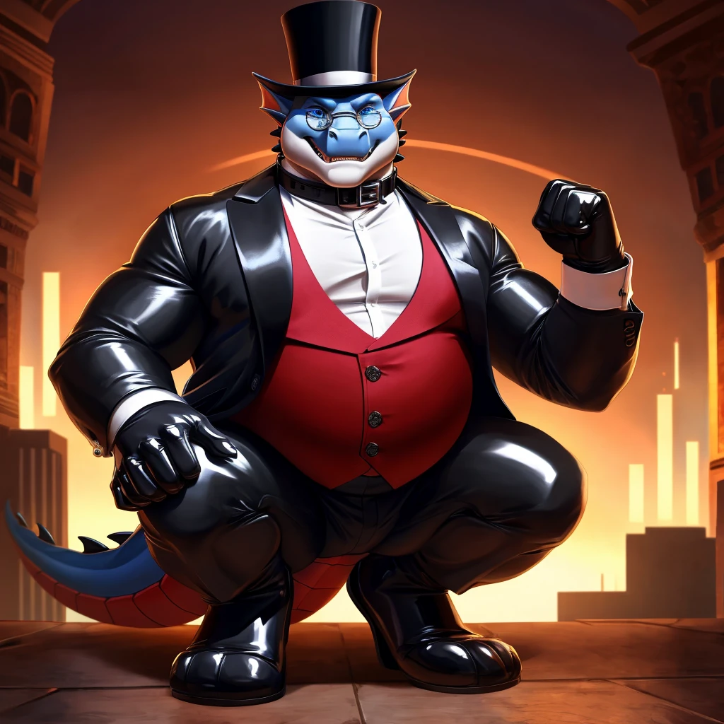 Solo, Male, fat, squatting, extremely obese, gentleman, dapper, Dragon, blue eyes, (soft shading), 4k, hi res, ((detailed face, detailed)), looking at viewer, evil grin, collared shirt with buttons, top hat, male focus, Tuxedo, glasses, monocle, vest with buttons, sleeves rolled up, round eyewear, brown headwear, brown vest, Dragon is wearing a glossy leather dog collar around the neck, Dragon is wearing the leather collar and shirt and vest at the same time, Dragon is wearing glossy white rubber gloves on the hands, wearing white rubber gloves on the feet, Dragon is wearing glossy white cuffs around the wrists with cufflinks, gloves are rubber in texture, clenching teeth, clenching fists, leather collar is glossy and shiny with a lot of detail, Dragon is wearing gloves and cuffs and cufflinks at the same time, leather collar has a round dog-tag, leather collar is thick and detailed.