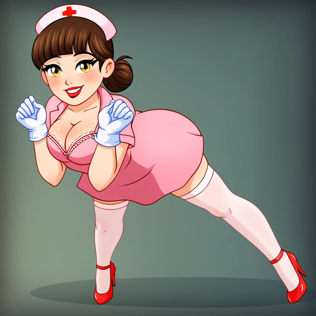 In a dimly lit hospital room, a sultry young female nurse stands out against the somber backdrop. Dressed in lacy lingerie, thigh-high stockings, and a nurse's cap, she exudes seductive mystery. Soft, warm glow illuminates her low-cut pink top showcasing ample cleavage, while white gloves add sophistication. Her gaze invites the viewer to step into her world. Ornate medical equipment and eerie shadows hint at gothic horror elements in the background. The nurse's cap and white gloves nod to darker undertones, balancing provocative themes with elegance.