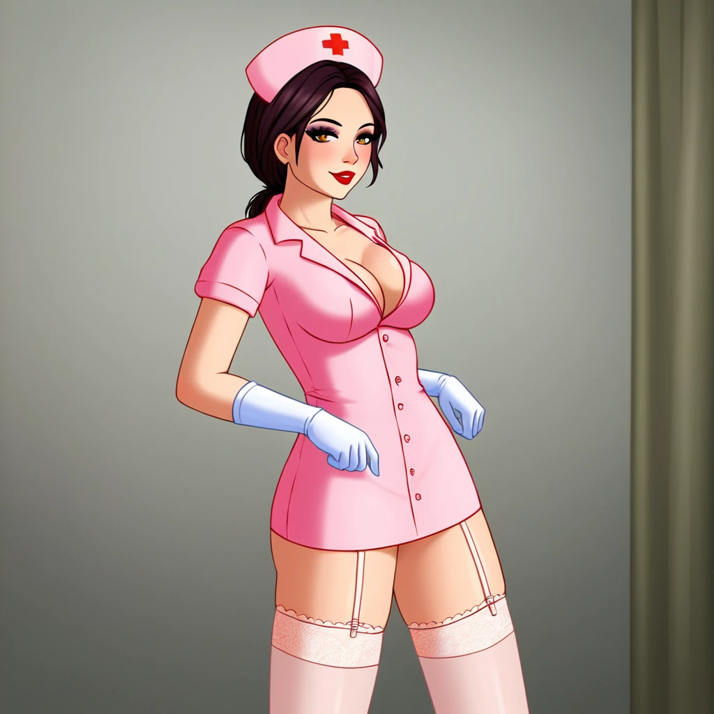In a dimly lit hospital room, a sultry young female nurse stands out against the somber backdrop. Dressed in lacy lingerie, thigh-high stockings, and a nurse's cap, she exudes seductive mystery. Soft, warm glow illuminates her low-cut pink top showcasing ample cleavage, while white gloves add sophistication. Her gaze invites the viewer to step into her world. Ornate medical equipment and eerie shadows hint at gothic horror elements in the background. The nurse's cap and white gloves nod to darker undertones, balancing provocative themes with elegance.