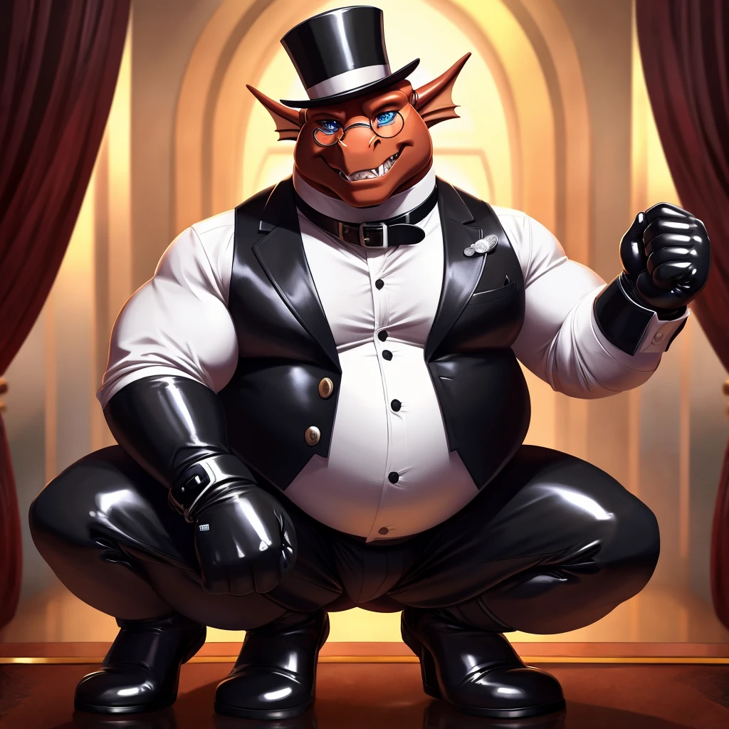 Solo, Male, fat, squatting, extremely obese, gentleman, dapper, Dragon, blue eyes, (soft shading), 4k, hi res, ((detailed face, detailed)), looking at viewer, evil grin, collared shirt with buttons, top hat, male focus, Tuxedo, glasses, monocle, vest with buttons, sleeves rolled up, round eyewear, brown headwear, brown vest, Dragon is wearing a glossy leather dog collar around the neck, Dragon is wearing the leather collar and shirt and vest at the same time, Dragon is wearing glossy white rubber gloves on the hands, wearing white rubber gloves on the feet, Dragon is wearing glossy white cuffs around the wrists with cufflinks, gloves are rubber in texture, clenching teeth, clenching fists, leather collar is glossy and shiny with a lot of detail, Dragon is wearing gloves and cuffs and cufflinks at the same time, leather collar has a round dog-tag, leather collar is thick and detailed.