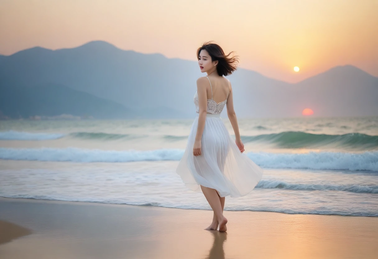 beautiful korean girl, 가슴사this즈 34인치, Wear sleeveless, light skirt, red light on the beach at sunset. beautiful pretty woman look , wearing a light skirt , Go far into the sea water and dip your toes., Short medium hair blowing in the wind, 1 woman, beautiful eyes, a little smile, Beach with waves in Da Nang, Vietnam, I see palm trees, Photo taken from a distance with a wide-angle lens, best high definition, perfect sea view, whole body, perfect back background, vivid background.this  