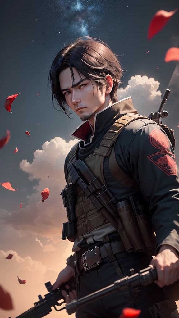 a young man, (((独奏)))), (looking 35 years old, pale skin, Cao Cao, pale skin, Round face, squared chin, olhar furioso, shining blue eyes: 1.85, black long straigh hair with bangs: 1.50, thick eyebrow, serious face), (he is an american sniper, wears military attire, but well aligned and carries a weapon like "sniper"), (he is covered in blood and has red rose petals floating around him, your eyes glow in an intense red light), (he holds a sniper rifle), (it's floating, descending from the heavens to combat), and the bottom is solid, the focus is just the character.