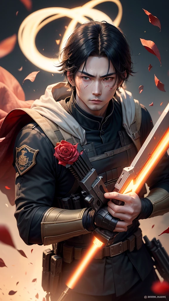 a young man, (((独奏)))), (looking 35 years old, pale skin, Cao Cao, pale skin, Round face, squared chin, olhar furioso, shining blue eyes: 1.85, black long straigh hair with bangs: 1.50, thick eyebrow, serious face), (he is an american sniper, wears military attire, but well aligned and carries a weapon like "sniper"), (he is covered in blood and has red rose petals floating around him, your eyes glow in an intense red light), (he holds a sniper rifle), (it's floating, descending from the heavens to combat), and the bottom is solid, the focus is just the character.