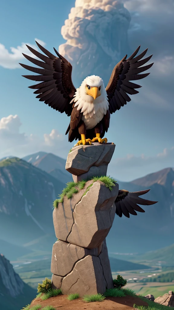A young eagle at the base of a mountain, then climbing to the top facing storms, and finally spreading your wings and flying high in the sky. 9:16 8k UHD-IHD