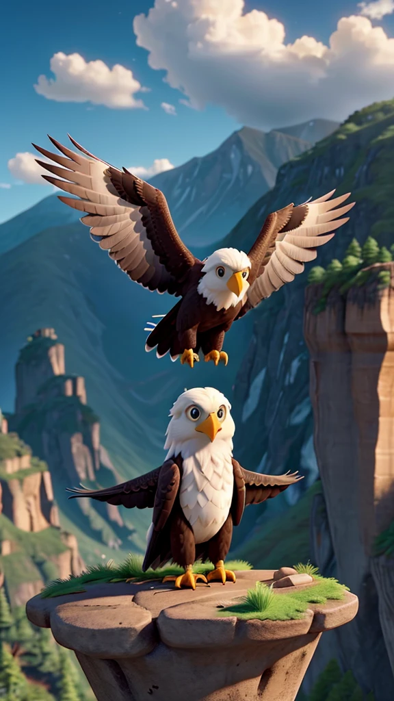 A young eagle at the base of a mountain, then climbing to the top facing storms, and finally spreading your wings and flying high in the sky. 9:16 8k UHD-IHD 
