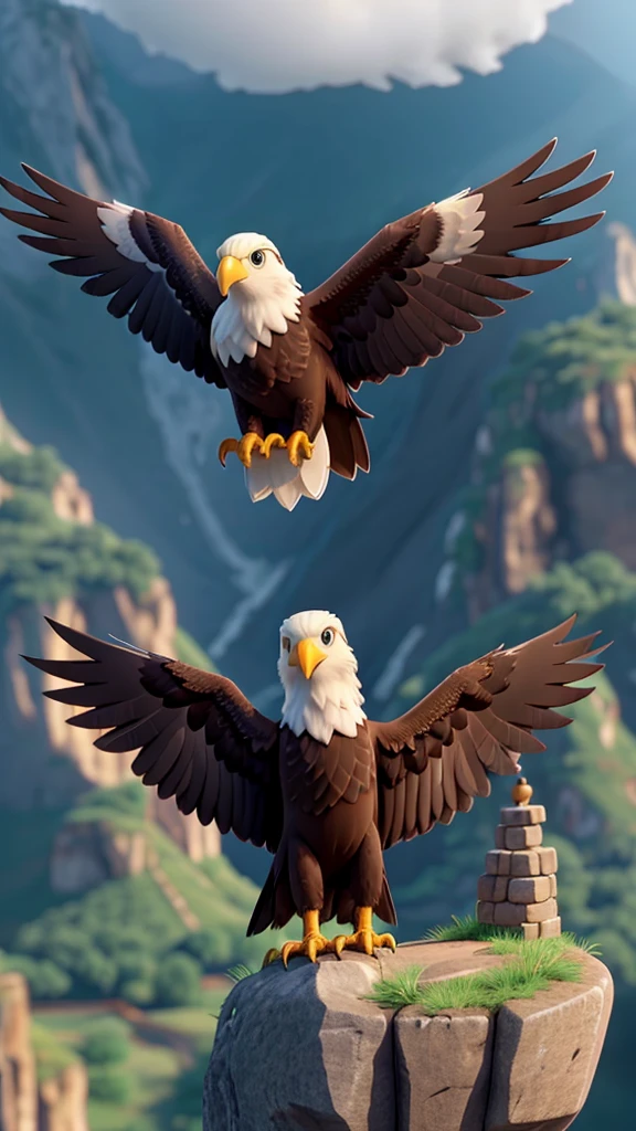 A young eagle at the base of a mountain, then climbing to the top facing storms, and finally spreading your wings and flying high in the sky. 9:16 8k UHD-IHD 
