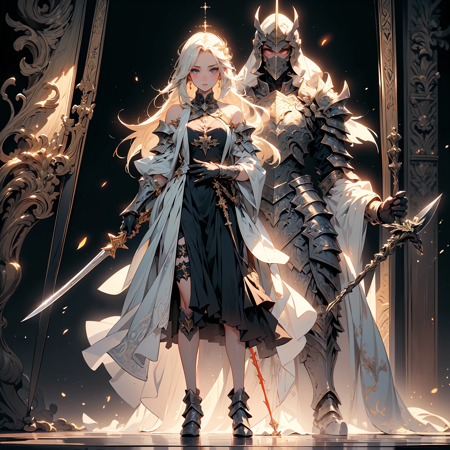 (((masterpiece, best quality, high detailed, 8k))) Design a layout showcase Gaming character, (1girl). White|Gold clothes, stylish and unique. ((showcase weapon:1.4)), holy scepter. (masterpiece:1.2), (best quality), 4k, ultra-detailed. (Step by step design, layout art:1.5), (luminous lighting, atmospheric lighting). priestess, ((glove full hands)), (((revealing clothes:1.3))), vambraces, armored legwear, (((full_body_shot:1.4))). {In a sacred temple}.