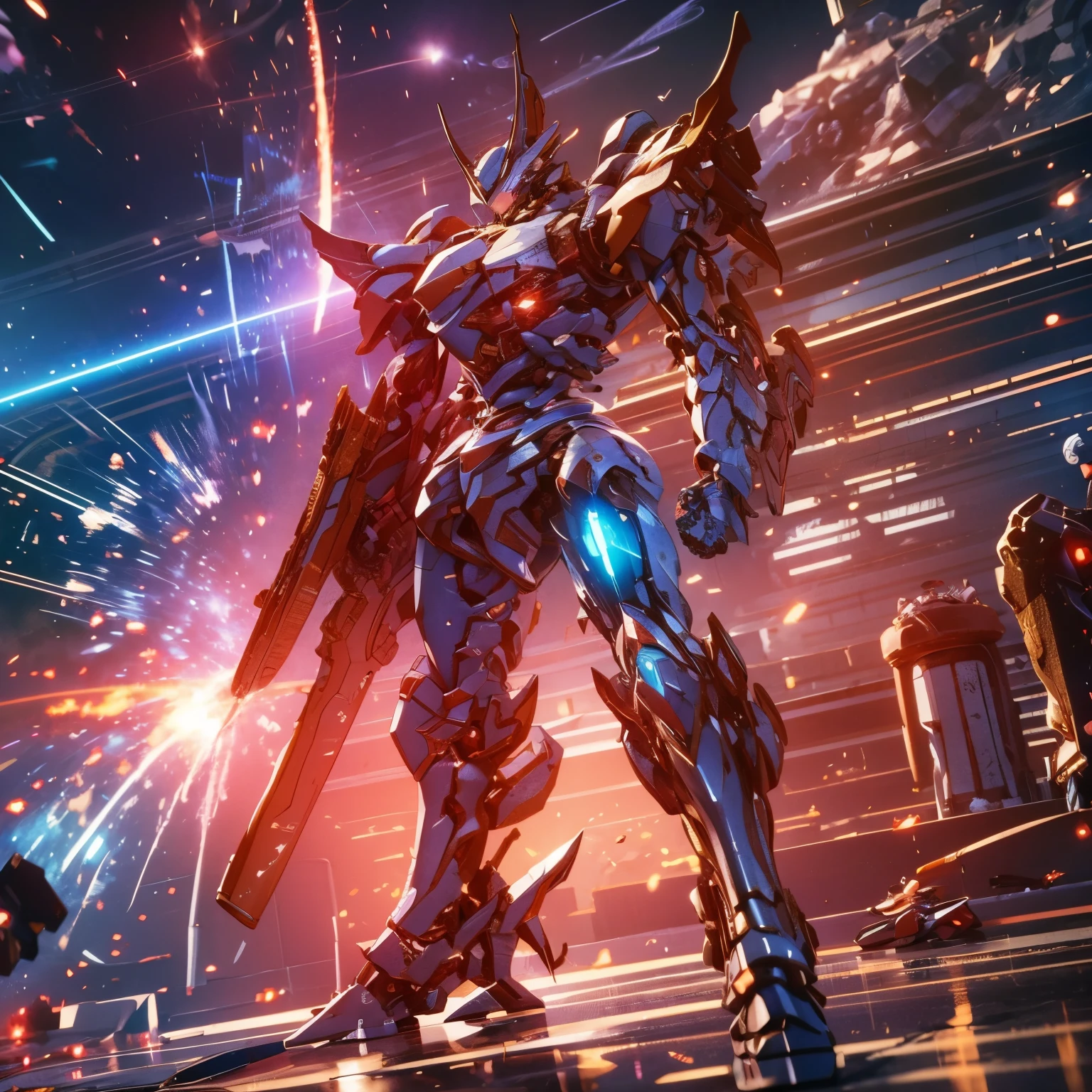 (Obra de arte, melhor qualidade:1.5).Mech branco e azul com detalhes dourados, médio, segurando uma sniper azul grande. Extremely detaild, 8K, HDR, naturallight, cinematic lighting, masterpiece-anatomy-perfect, Ultra HD, (Space Combat:1.5, Battlefield:1.5), RAW photo, metallic, professional, ultra-fine painting, perfect body proportions, anatomically correct, uhd, real texture material, Anti-Aliasing, FKAA, TXAA, SSAO, Post Processing, Post Production, Tone Mapping, CGI, VFX, SFX, Hyper maximalist, Volumetric, ultra photorealultra-detailed intricate details.